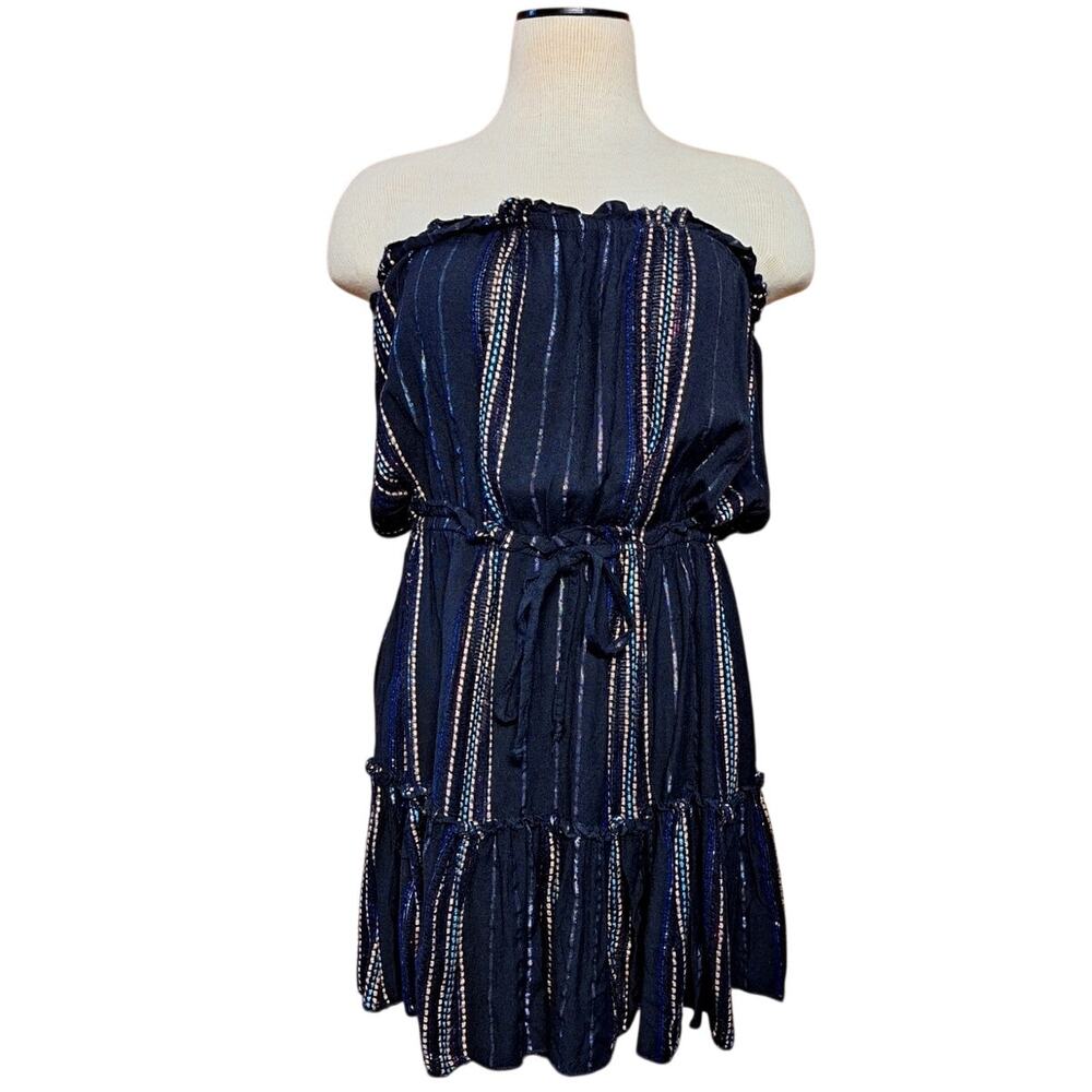 Elan Metallic thread tinsel strapless mini dress striped woven beach summer